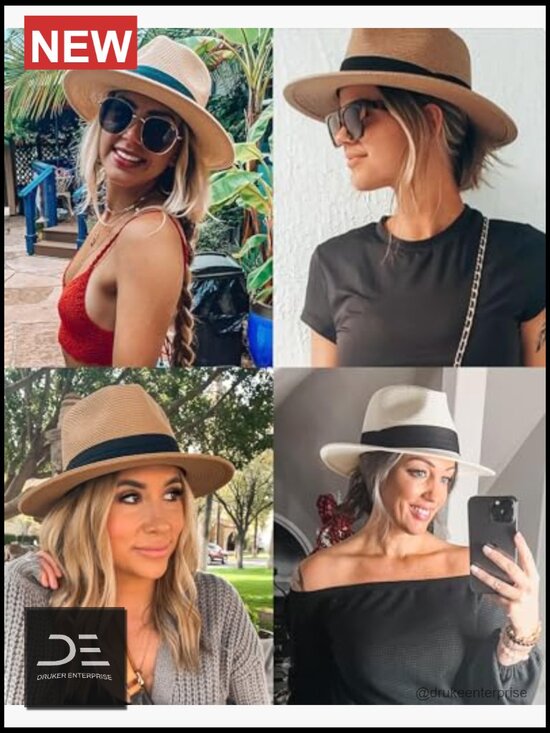 Wide Brim Straw Panama Fedora Hat UPF 50+ Sun Protection Beach Summer Hat for